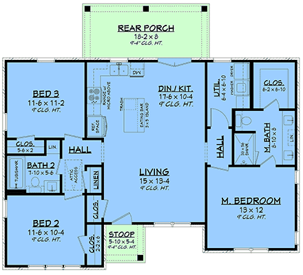 Contemporary, Country, Farmhouse, Traditional House Plan 102422 with 3 Beds, 2 Baths First Level Plan