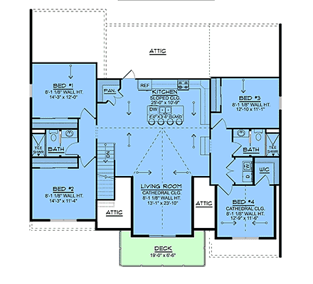 Country, Craftsman, New American Garage-Living Plan 102518 with 4 Beds, 3 Baths, 3 Car Garage Second Level Plan