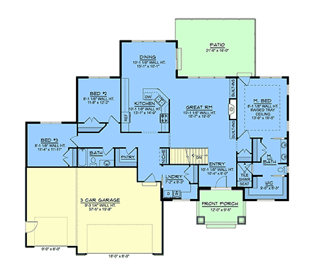Country, Craftsman, New American, Traditional House Plan 102523 with 3 Beds, 2 Baths, 3 Car Garage First Level Plan
