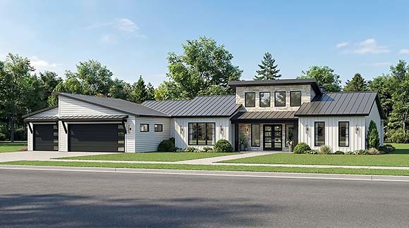 Contemporary, Modern House Plan 102537 with 2 Beds, 2 Baths, 3 Car Garage Elevation