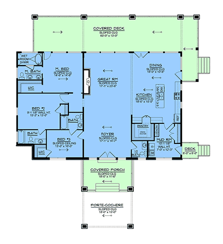Coastal, Country, Craftsman, Modern, New American House Plan 102540 with 3 Beds, 4 Baths First Level Plan