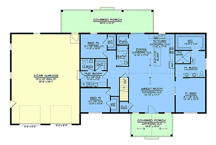 Country, Craftsman, Farmhouse, New American, Ranch, Traditional House Plan 102541 with 3 Beds, 3 Baths, 2 Car Garage First Level Plan