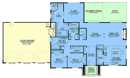 Contemporary, Country, Craftsman, New American, Ranch House Plan 102547 with 3 Beds, 3 Baths, 3 Car Garage First Level Plan