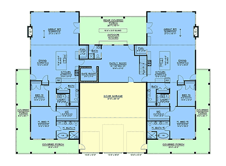 Barndominium, Modern Multi-Family Plan 102552 with 4 Beds, 7 Baths, 3 Car Garage First Level Plan