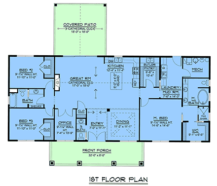 Contemporary, Cottage, Country, Craftsman, Farmhouse, New American, Ranch House Plan 102553 with 3 Beds, 3 Baths First Level Plan