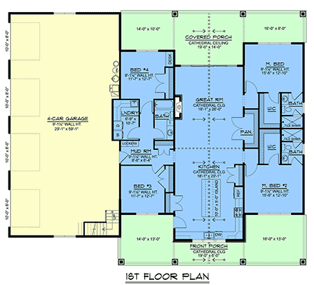 Country, Craftsman, Farmhouse, Ranch House Plan 102554 with 4 Beds, 3 Baths, 4 Car Garage First Level Plan