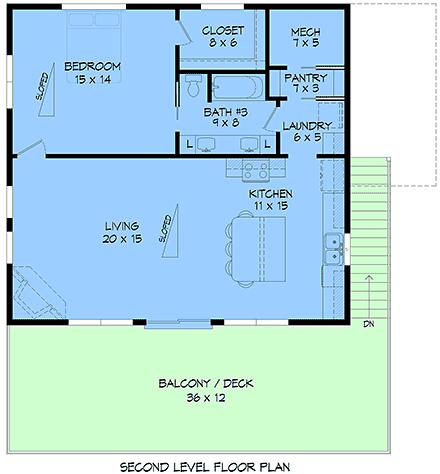 Contemporary, Modern Garage-Living Plan 102606 with 1 Beds, 1 Baths, 2 Car Garage Second Level Plan