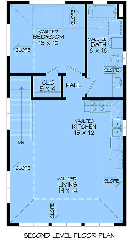 Contemporary, Modern Garage-Living Plan 102614 with 1 Beds, 1 Baths, 2 Car Garage Second Level Plan