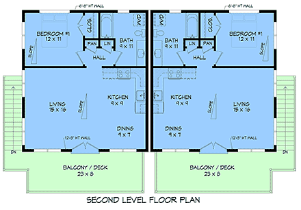 Contemporary, Modern Multi-Family Plan 102618 with 2 Beds, 4 Baths, 4 Car Garage Second Level Plan