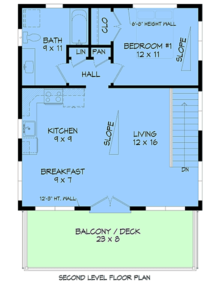 Contemporary, Modern, Southwest Garage-Living Plan 102622 with 1 Beds, 2 Baths, 2 Car Garage Second Level Plan