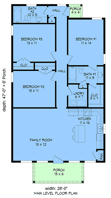 Ranch, Traditional House Plan 102624 with 3 Beds, 2 Baths First Level Plan