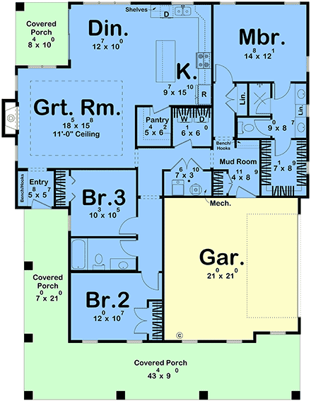Country, Southern House Plan 102812 with 3 Beds, 2 Baths, 2 Car Garage First Level Plan