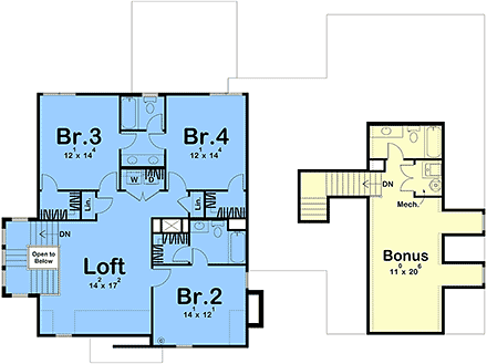 Contemporary, Cottage, European, New American House Plan 102815 with 4 Beds, 4 Baths, 2 Car Garage Second Level Plan