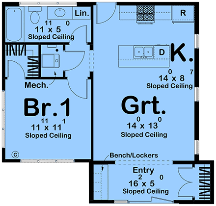 Contemporary, Modern, New American House Plan 102816 with 1 Beds, 1 Baths First Level Plan