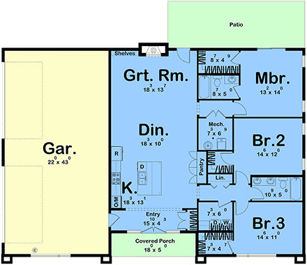Contemporary, Modern, Ranch House Plan 102820 with 3 Beds, 2 Baths, 4 Car Garage First Level Plan