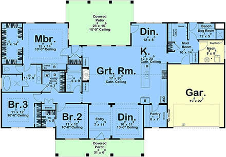 Colonial, Country, Traditional House Plan 102824 with 3 Beds, 2 Baths, 2 Car Garage First Level Plan