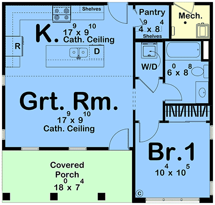 Cottage, Country, Traditional House Plan 102825 with 1 Beds, 1 Baths First Level Plan
