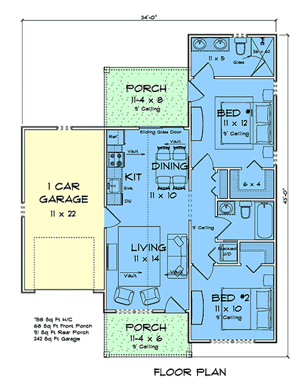 Cottage, Country, Craftsman, Traditional House Plan 102900 with 2 Beds, 2 Baths, 1 Car Garage First Level Plan