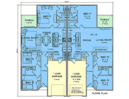 Cottage, Country, Traditional Multi-Family Plan 102905 with 6 Beds, 4 Baths, 2 Car Garage First Level Plan