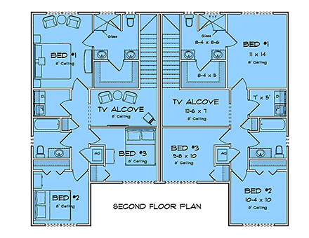 Traditional Multi-Family Plan 102908 with 6 Beds, 6 Baths, 2 Car Garage Second Level Plan