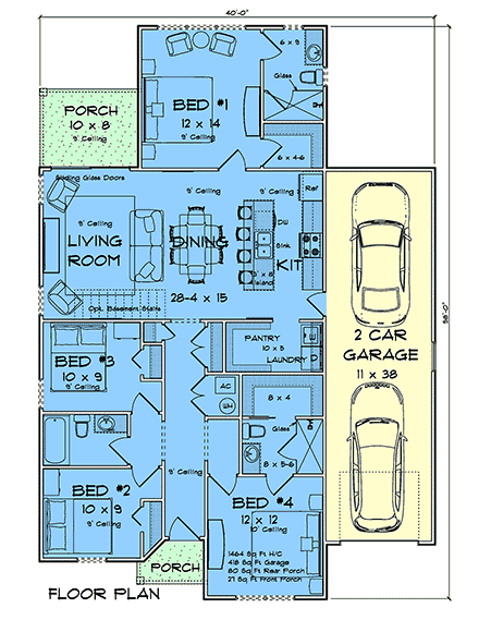 Modern House Plan 102912 with 4 Beds, 3 Baths, 2 Car Garage First Level Plan