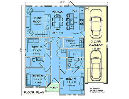 Cottage, Country, Ranch House Plan 102913 with 3 Beds, 2 Baths, 2 Car Garage First Level Plan