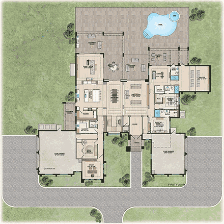 Florida, Modern House Plan 103000 with 6 Beds, 7 Baths, 4 Car Garage First Level Plan