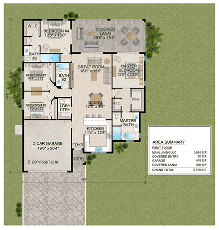 Coastal, Florida House Plan 103007, 2 Car Garage First Level Plan