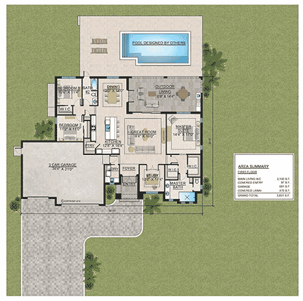 Contemporary, Florida, Mediterranean House Plan 103008 with 3 Beds, 2 Baths, 3 Car Garage First Level Plan