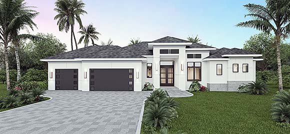 Contemporary, Florida, Mediterranean House Plan 103008 with 3 Beds, 2 Baths, 3 Car Garage Elevation
