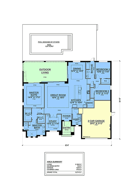 Florida, Mediterranean, Modern House Plan 103009 with 3 Beds, 2 Baths, 2 Car Garage First Level Plan