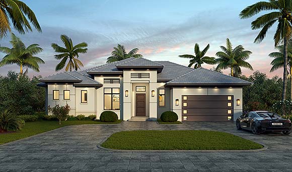 Florida, Mediterranean, Modern House Plan 103009 with 3 Beds, 2 Baths, 2 Car Garage Elevation