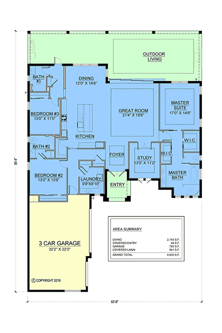 Florida, Mediterranean, Modern House Plan 103011 with 3 Beds, 3 Baths, 3 Car Garage First Level Plan