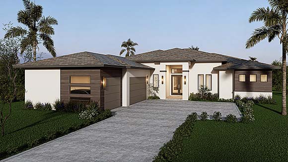Florida, Mediterranean, Modern House Plan 103011 with 3 Beds, 3 Baths, 3 Car Garage Elevation