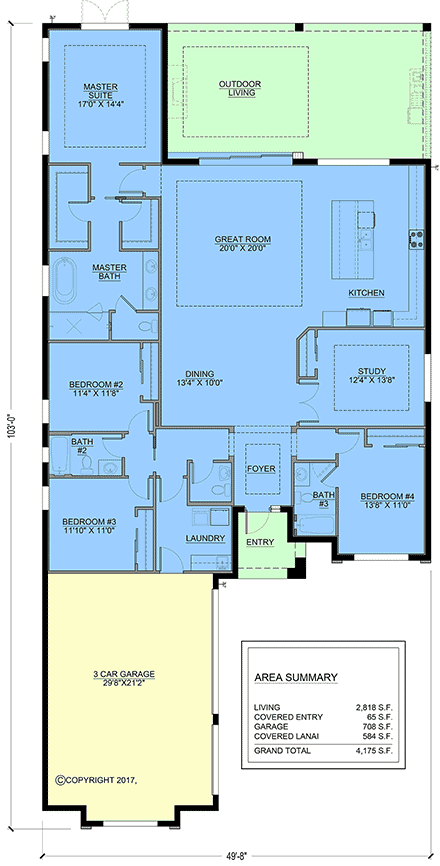 Coastal, Florida, Modern House Plan 103013 with 4 Beds, 4 Baths, 3 Car Garage First Level Plan