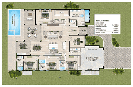 Coastal, Contemporary, Florida, Modern House Plan 103014 with 4 Beds, 5 Baths, 2 Car Garage First Level Plan