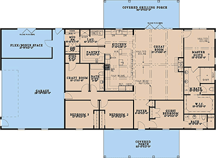 Contemporary, Country, Farmhouse, Ranch House Plan 103200 with 4 Beds, 3 Baths, 2 Car Garage First Level Plan