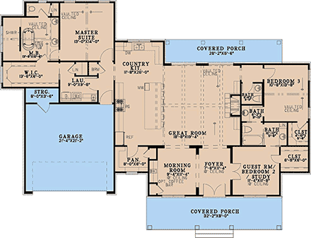 Contemporary, Country, Farmhouse, New American House Plan 103201 with 3 Beds, 3 Baths, 2 Car Garage First Level Plan