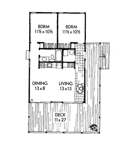 Contemporary, Country, One-Story, Ranch House Plan 19709 with 2 Beds, 1 Baths First Level Plan