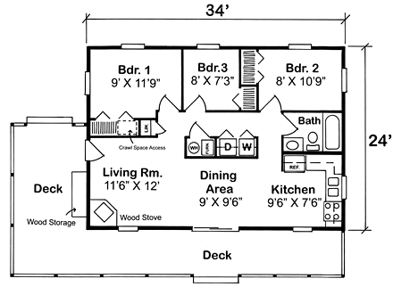 Cabin, Traditional House Plan 20003 with 3 Beds, 1 Baths First Level Plan
