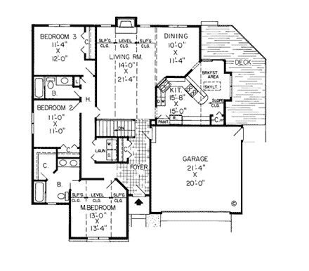 Bungalow, European, One-Story, Ranch, Traditional House Plan 20061 with 3 Beds, 2 Baths, 2 Car Garage First Level Plan