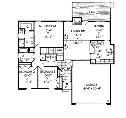 One-Story, Ranch, Retro, Traditional House Plan 20062 with 3 Beds, 2 Baths, 2 Car Garage First Level Plan