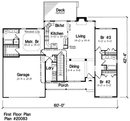 Country, One-Story, Ranch, Traditional House Plan 20083 with 3 Beds, 2 Baths, 2 Car Garage First Level Plan