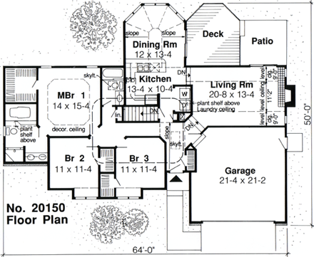 One-Story, Ranch, Retro, Traditional House Plan 20150 with 3 Beds, 2 Baths, 2 Car Garage First Level Plan