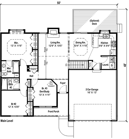 One-Story, Ranch, Traditional House Plan 20161 with 3 Beds, 2 Baths, 2 Car Garage First Level Plan