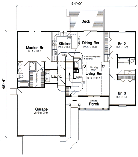 Country, Ranch, Traditional House Plan 20220 with 3 Beds, 2 Baths, 2 Car Garage First Level Plan