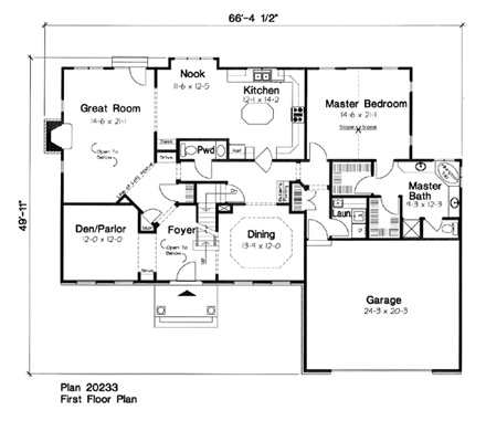 Colonial House Plan 20233 with 4 Beds, 3 Baths, 2 Car Garage First Level Plan