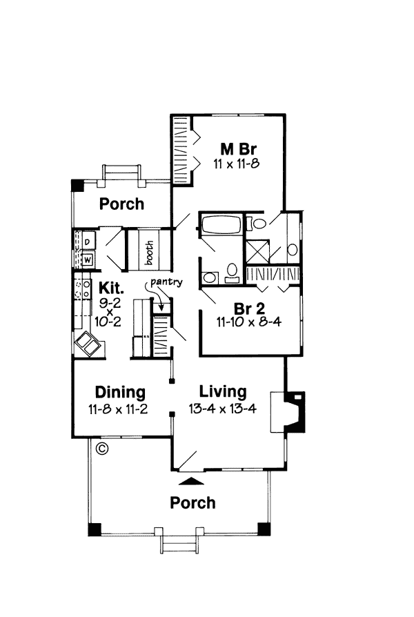 Bungalow, Country, One-Story House Plan 24240 with 2 Beds, 2 Baths Level One