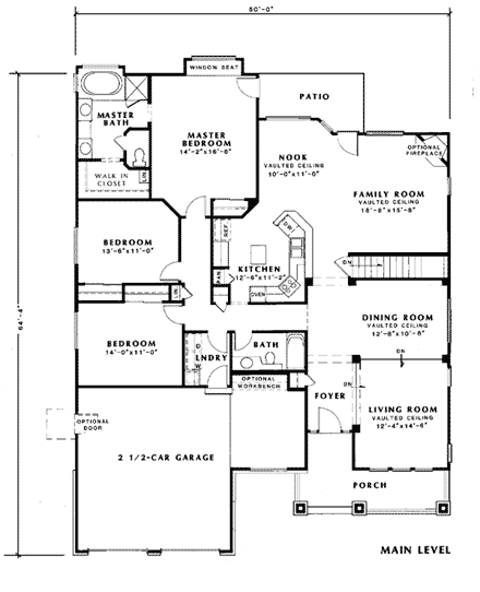 Bungalow, Craftsman, Mediterranean, One-Story, Traditional House Plan 24258 with 3 Beds, 2 Baths First Level Plan