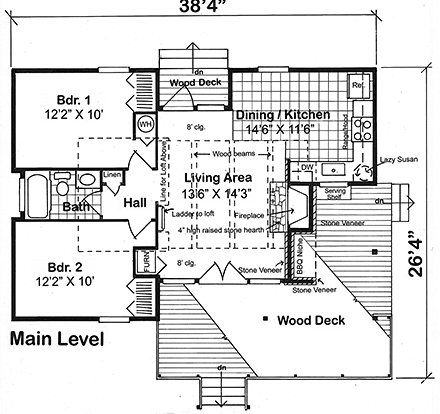 Cabin, Country, Southern House Plan 24309 with 2 Beds, 1 Baths First Level Plan
